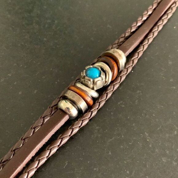 Ibiza Brown Vegan Leather Multi-Strand Cuff Bracelet with Faux Turquoise - Picture 5 of 8